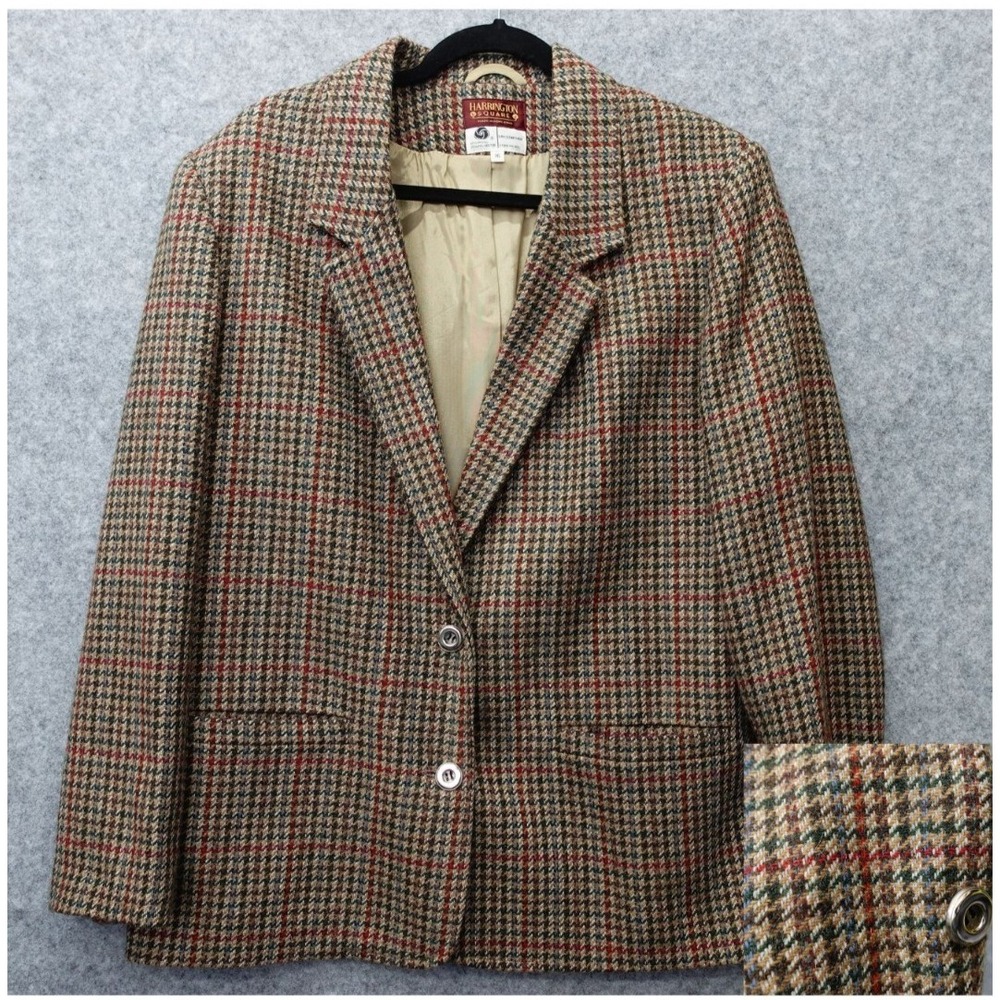 Vintage 80s Houndstooth Gun Club Check Tweed Blazer Womens L 14 Tan Multi Jacket
